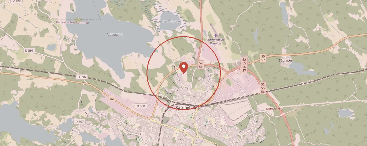 Karta över Katrineholm med markering av stadens centrum